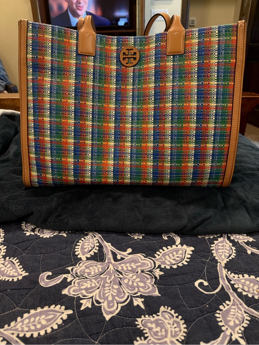 Tory Burch Women's Ella Poly Woven Nylon Tote (Navy / Multi)
